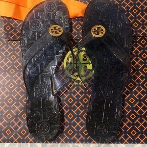 Tory Burch blue glitter flip flops
